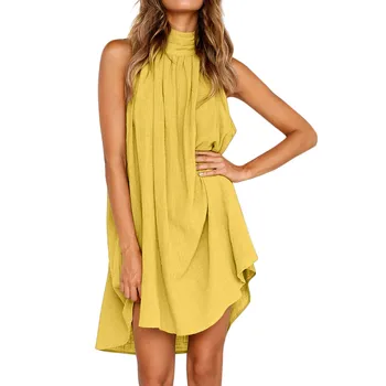 Хлопчатобумажное льняное платье, модное праздничное платье на бретельках, женское летнее пляжное мини-платье в стиле бохо, желтое женское платье.