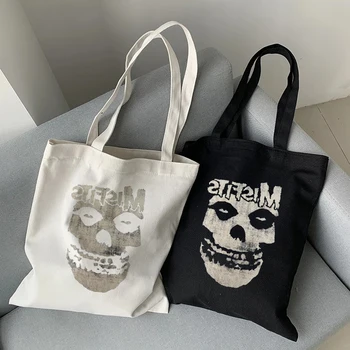 Холщовая сумка через плечо с принтом готического черепа, винтажная сумка для покупок в стиле панк-Фея Гранж, большая вместительность, повседневные женские сумки Y2k Harajuku