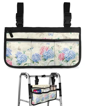 Цветок Гортензии Стрекоза Винтажный Подлокотник инвалидной коляски для хранения сбоку Несколько карманов со светоотражающими полосками Подвесная сумка для хранения