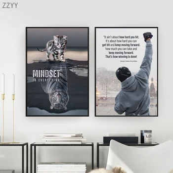 Черно-белый Рокки Бальбоа, Плакаты с цитатами из бокса, принты, Настенные рисунки с изображением кота, Мотивационный декор гостиной, Куадрос