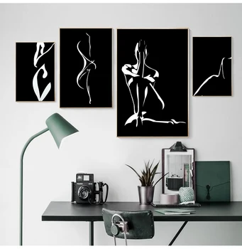 Черно-белый Сексуальный женский боди-арт, современное настенное искусство, живопись на холсте, скандинавские плакаты и принты, настенные панно для декора гостиной