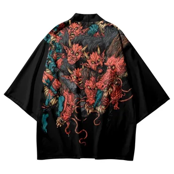 Черный модный кардиган для мужчин и женщин, пляжное кимоно, японская уличная одежда с принтом Дракона, Летние Черные топы Хаори Юката Харадзюку