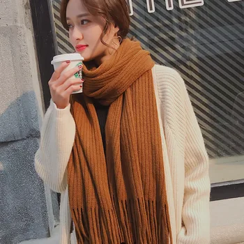 Шарф Женский Зимний Корейский Длинный утолщенный кашемировый Студенческий шерстяной шарф с бахромой, вязаный шейный платок для влюбленных, женский 0