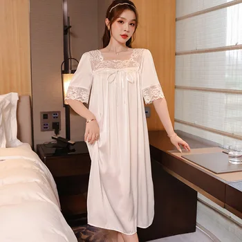 Элегантная кружевная ночная рубашка, халат, халат из шелкового атласа, Женская ночная рубашка с коротким рукавом, ночное белье с квадратным вырезом, домашнее платье