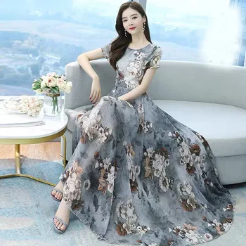 Элегантное Женское роскошное длинное платье с принтом Dedign, Лето 2022, Женское Летнее Корейское длинное платье с короткими рукавами и цветочным рисунком, платье трапециевидной формы 0