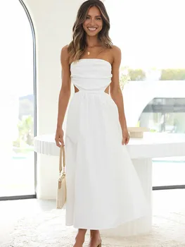 Элегантное женское летнее платье Миди трапециевидной формы с открытыми плечами 2022, белое праздничное платье без рукавов с открытой спиной, Vestidos