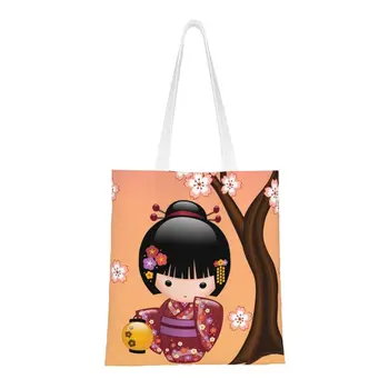 Японская кукла Сакура Кокеши с забавным принтом, сумки-тоут для покупок, Холщовая сумка Гейши на плечо для покупок из вторичного сырья
