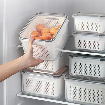 Ящик для хранения в холодильнике, Органайзер для холодильника, Коробки для свежих овощей, фруктов, Сливная корзина, Контейнеры для хранения, Кладовая, Кухонный органайзер
