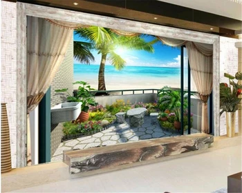 бейбехан Красивая индивидуальность декоративные обои море голубое небо кокосовая пальма окно трехмерный фон 3D обои