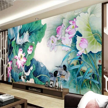бейбехан пользовательские фрески нетканые 3D обои для комнаты наклейка тушью лотос утка-мандаринка фото 3d настенные фрески обои