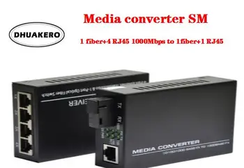 бесплатная доставка AB282 Волоконно-Оптический Медиаконвертер Трансивер SM 10/100 М/1000 М 1 волокно + 4 RJ45 к 1 волокну 1 RJ45