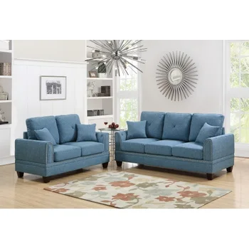 диван из 2шт (диван и двуспальный диван), комплект диванов из синей смесовой ткани, мебель для гостиной, современное украшение