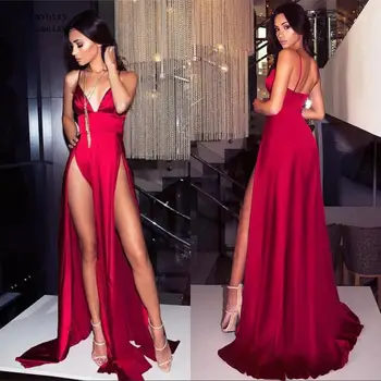 китайские красные вечерние платья-спагетти с V-образным вырезом и разрезом сбоку, Шелковые атласные вечерние платья на молнии без рукавов