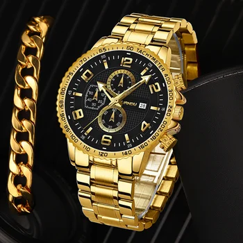 комплект мужских часов-браслетов из 2шт, Роскошный Золотой Топовый бренд, Модные Повседневные часы с календарем, кварцевые наручные часы Relogio Masculino 0