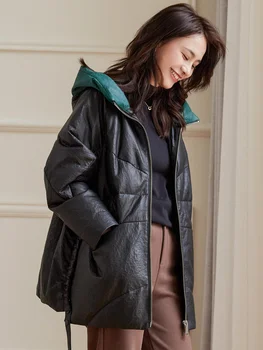 2023 Женская куртка из натуральной кожи, теплые пуховики, зимние Теплые Свободные куртки из натуральной овчины, пуховики с капюшоном, Manteau Femme 1
