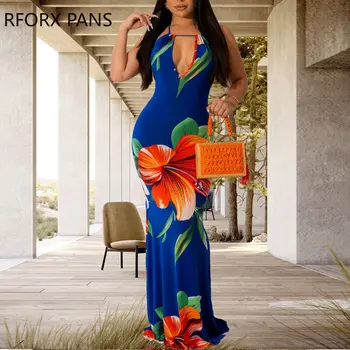 2023 Женское Шикарное платье с цветочным принтом, глубоким V-образным вырезом, бретельками-спагетти, Макси-сексуальное облегающее платье для отпуска на шнуровке 1