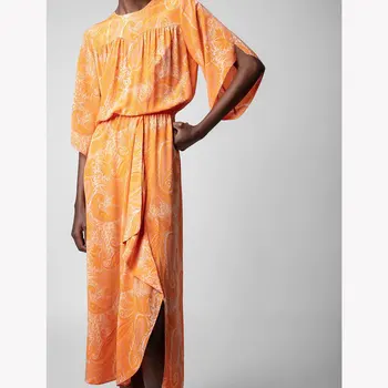 2023 Женское оранжевое платье миди с ржавым принтом, круглый вырез, рукава до половины, эластичный пояс, разрез спереди с оборками, модные длинные платья 1