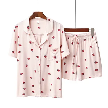 2023 Летняя новая пижама с принтом сладкой клубники, женские шорты с отложным воротником и коротким рукавом, пижамы, 2 предмета японской одежды Kawaii 1