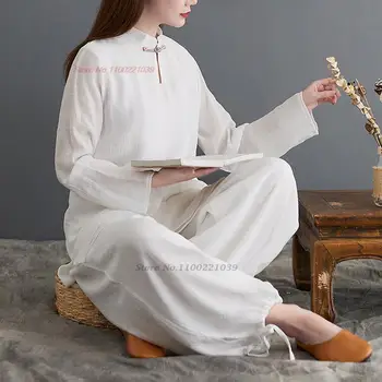 2023 китайский традиционный женский костюм дзен национальный чайный сервиз hanfu ретро хлопчатобумажная льняная блузка + брюки комплект восточный ретро комплект для йоги 1