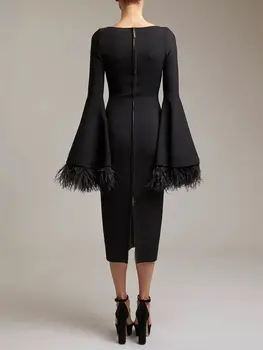 BEVENCCEL 2023, Новое летнее женское черное Сексуальное облегающее бандажное платье с длинными рукавами и перьями, Элегантное вечернее платье для клубной вечеринки 1