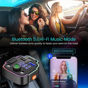 FM-передатчик Bluetooth 5.0, Беспроводной аудиоприемник громкой связи, Рассеянное освещение, Автоматический проигрыватель MP3 U дисков, Быстрое зарядное устройство с двумя USB PD. 1