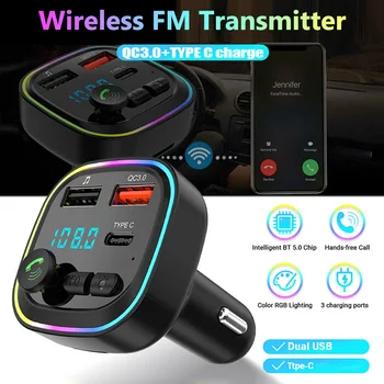JaJaBor FM-Передатчик Автомобильный Bluetooth 5,0 Громкой Связи Автомобильный Комплект Красочный Свет QC3.0 Тип C Двойной Usb Автомобильное Зарядное Устройство Бас Mp3-Плеер 1