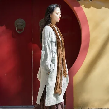 Johnature Женское винтажное платье с однотонной подставкой на пуговицах трапециевидной формы в китайском стиле 2023, весеннее новое хлопковое женское платье с длинным рукавом 1