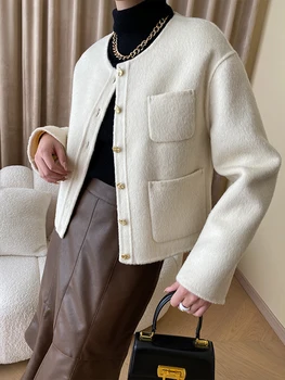 [LANMREM] Высококачественные Шерстяные Короткие Куртки Для Женщин С Круглым Вырезом И Длинным Рукавом, Однобортные Элегантные Пальто 2023, Новинка Осени 26D 1
