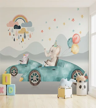 beibehang Пользовательские мультяшные слонята за рулем спортивного автомобиля, настенные обои для детской комнаты, 3D обои для домашнего декора 1