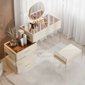Белый Плавающий Выдвижной Туалетный столик для макияжа, Акриловый с Зеркалом, Табуреткой и выдвижными ящиками 1