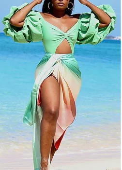 Весенне-летний женский костюм для пляжного отдыха с длинными рукавами и открытыми плечами, сексуальный темперамент, облегающий костюм-юбка с разрезным рукавом-пузырем 1