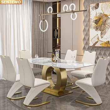 Дизайнерская роскошная столовая из мраморной плиты обеденный стол с 4 стульями mesa de jantar a manger Мраморное основание из нержавеющей стали и золота 1
