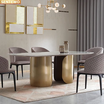Дизайнерская роскошная столовая из мраморной плиты обеденный стол с 4 6 стульями mesa tische furniture Мраморное основание из нержавеющей стали и золота 1