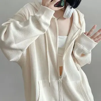 Женская Новая свободная тонкая модель, толстовка с капюшоном оверсайз, однотонная молочная толстовка с капюшоном на молнии, весеннее Корейское модное пальто-кардиган 1