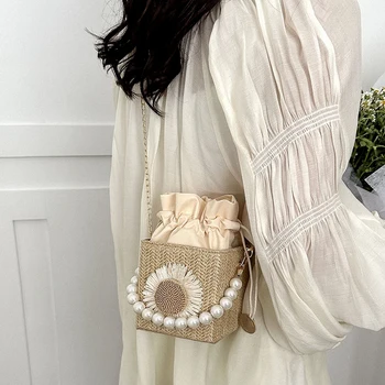 Женская квадратная сумка через плечо, летняя соломенная жемчужная сумка-ранец с солнечным цветочным орнаментом, сумки через плечо, женская сумка-мессенджер, сумки-тоутс 1