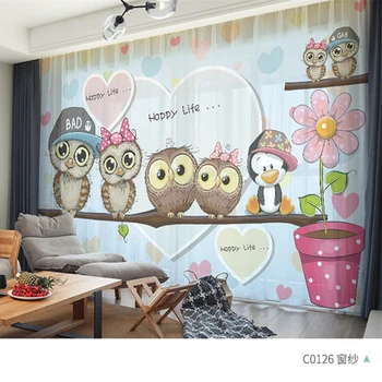 Изготовленная на заказ шифоновая занавеска для детской комнаты, детская гостиная, Сова, сердце Пингвина, цветочный рисунок 1