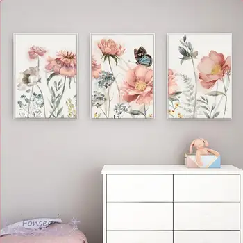 Картина на холсте с розовым цветком и бабочкой, ботанический плакат для ванной, декоративная настенная картина для спальни в фермерском доме, гостиной 1