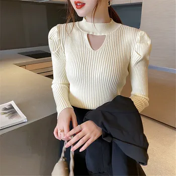 Корейская Мода Половина Водолазки Полые Вязаные Пуловеры для Женщин 2023 Новый Однотонный Свитер Многоцветный Низ Блузка ZY8001 1