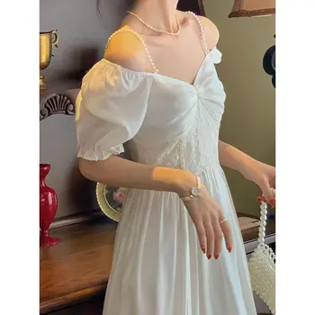 Корейское летнее женское платье Элегантное Белое кружевное шифоновое платье миди с коротким рукавом и вырезом лодочкой с открытыми плечами 1