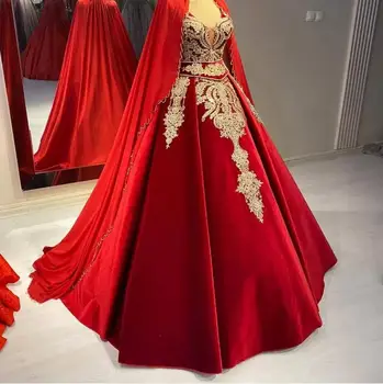 Красная бархатная пышная юбка, платья для выпускного вечера с накидкой 2023, Аппликация из золотого кружева, расшитого бисером, Арабский Кафтан, Албанское вечернее платье 1