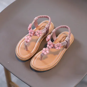 Летние Новые сандалии для девочек Детские флип-флоп с цветочными украшениями и кристаллами Детская уличная обувь для маленьких принцесс Сандалии на мягкой подошве 1