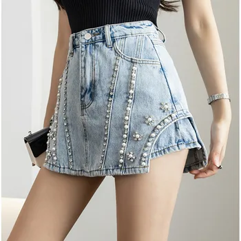 Летняя джинсовая юбка с бисером и бриллиантами, женские кюлоты, сексуальные асимметричные короткие юбки, женские модные трендовые юбки 1