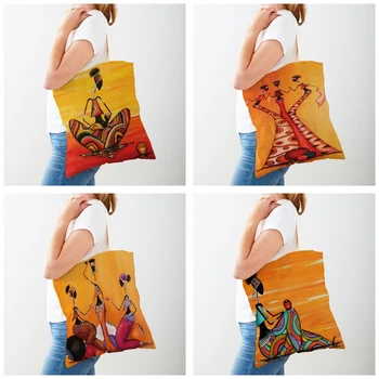 Модная оранжевая сумка для покупок Africa Life Girl, повседневная многоразовая холщовая сумка с двойным принтом, мультяшная женская сумка-тоут, женские сумки для покупок 1
