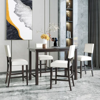 Обеденный набор из 5 предметов высотой со столешницу, классический элегантный стол и 4 стула цвета эспрессо и бежевого, подходит для ресторанов. 1