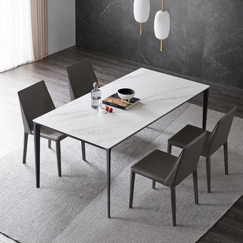 Обеденный стол и мягкий стул из белого мрамора в североевропейском стиле в стиле минимализм, небольшой Плоский прямоугольный обеденный стол на 6 мест 1