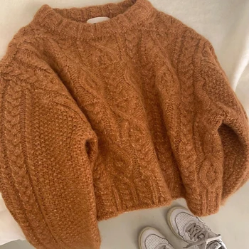 Осенне-зимний свободный пуловер-свитер, женская трикотажная рубашка в стиле ретро с круглым вырезом и толстым свитером внутри 1