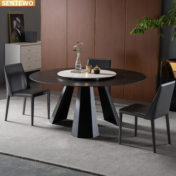 Роскошный Дизайнерский обеденный стол из круглой мраморной плиты, 4 стула, мебель mesa de jantar tisch, нержавеющая сталь, золотая основа 1