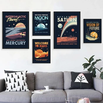 Серия эстетики плакатов Космические путешествия, Универсальная планета Луна, Марс, Сатурн, картина на холсте, настенное искусство, украшение дома в спальне 1