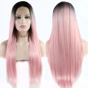 Синтетический парик на кружеве с черными корнями, омбре, Живое Розовое Прямое Термостойкое волокно, натуральный пробор посередине линии роста волос для женщин 1