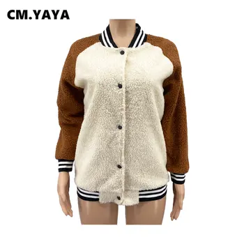 Уличная одежда CM. YAYA, женская лоскутная кашемировая однобортная бейсбольная куртка с длинным рукавом, толстая теплая зимняя толстовка, толстовки 1